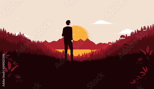 Take a break - Businessman watching sunset  and sky outside in fresh air and nature. Mountains, sun and sea in background. Relax, calm down, and unwind. Vector illustration.