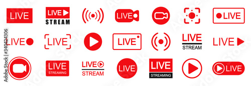 Set of live streaming icons. Set of video broadcasting and live streaming icon. Button, red symbols for TV, news, movies, shows - stock vector photo