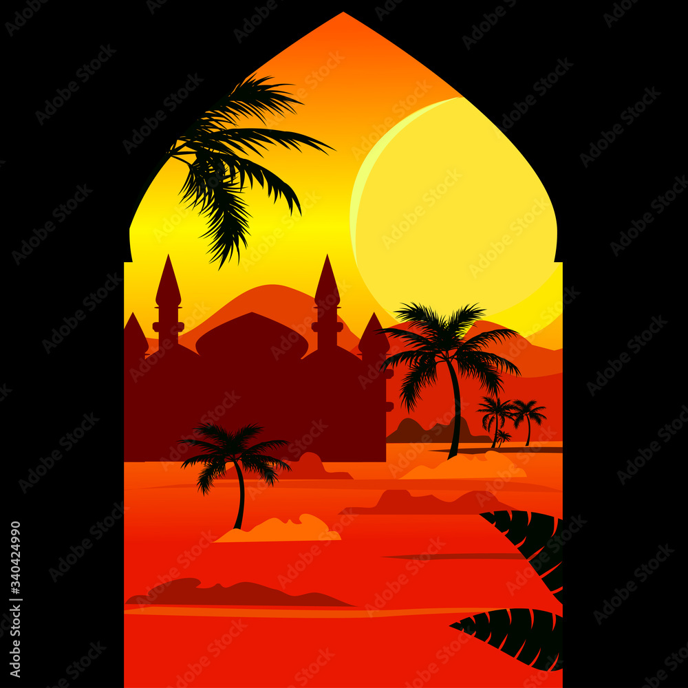 Desert landscape with a mosque, mountains and palm trees