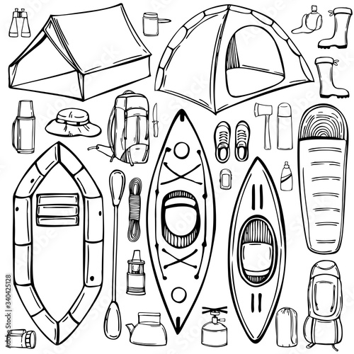 Hand drawn camping items set. Camping tents and boats. Vector sketch  illustration.