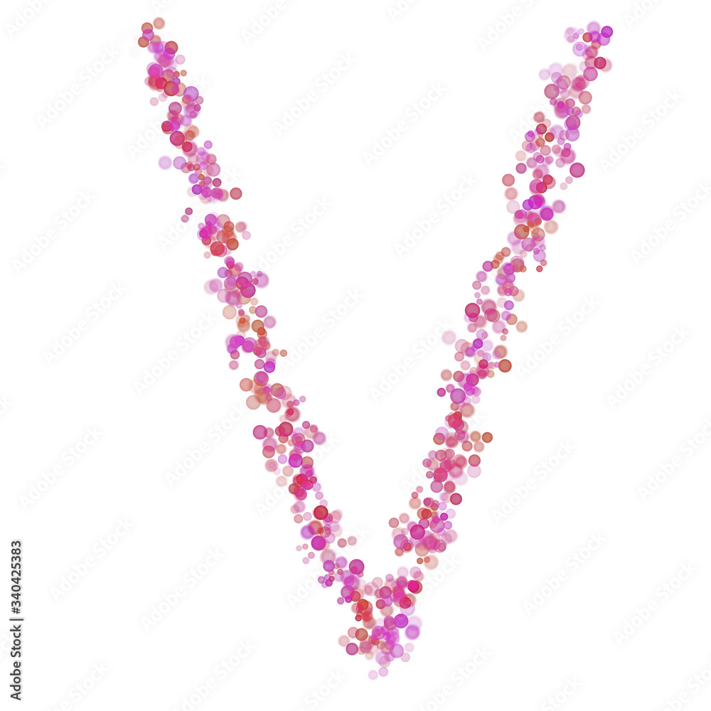 Letter V latin alphabet. Pink circles dot hue pink. Lettering bubbles circles stylized letter font isolated on white. Beautiful color type for design