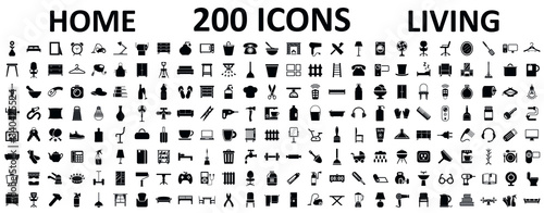 Set 200 icons of home living, furniture, house décor, bathroom, bedroom, garage and many more – stock vector