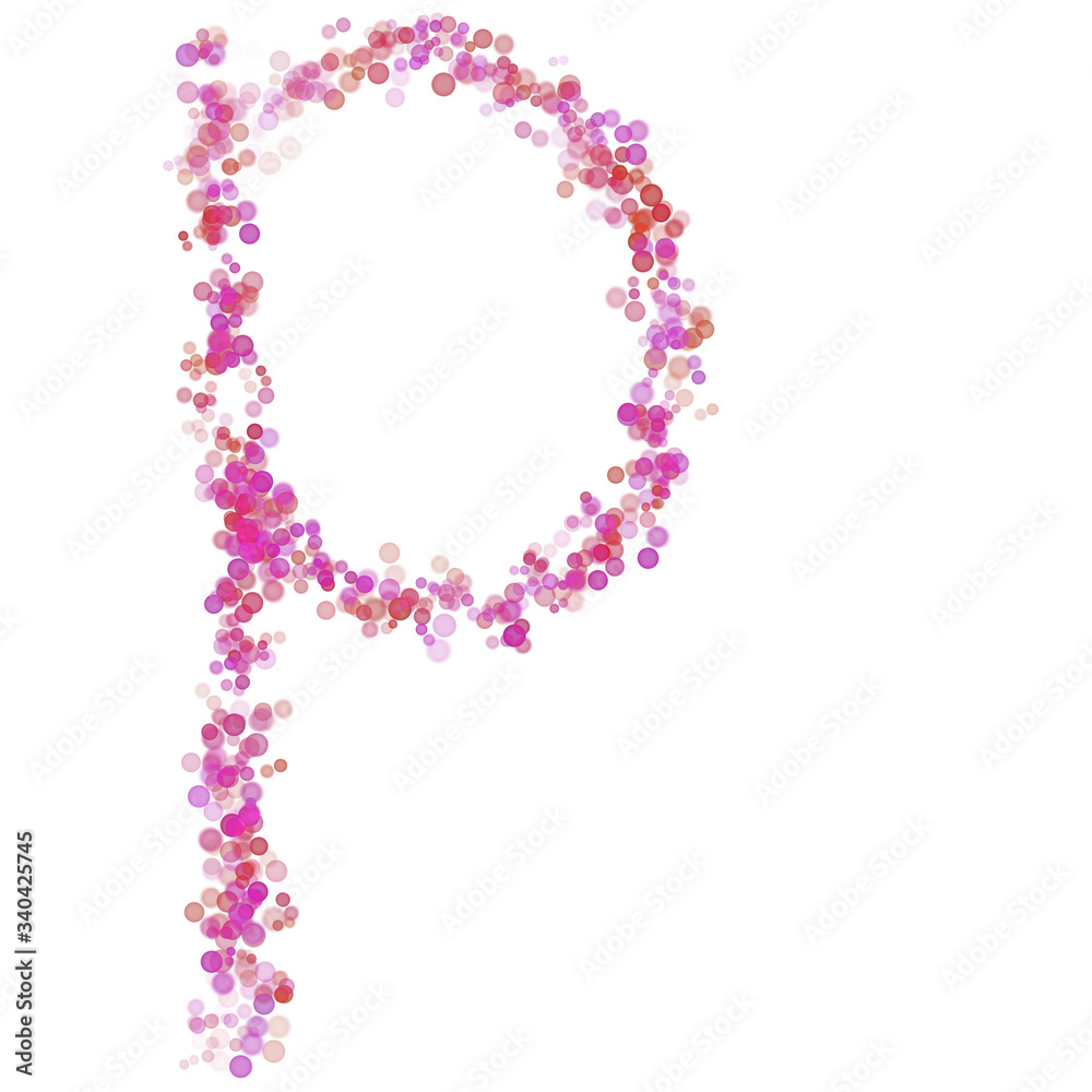 Letter P latin alphabet. Pink dot circles, shades of pink lilac. Lettering bubbles circles, hand drawing letter font. Beautiful color stylized type for design