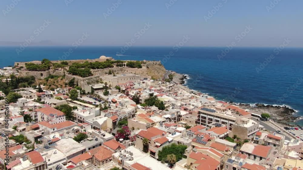 Evening Flight Over Rethymno City At Crete Shot Over The Fortification Wall Of The Fortensa Of Rethymno At Crete Evening Flight Over Rethymno City At Crete Shot Over The Fortification Wall Of The Fortensa Of Rethymno At Crete
