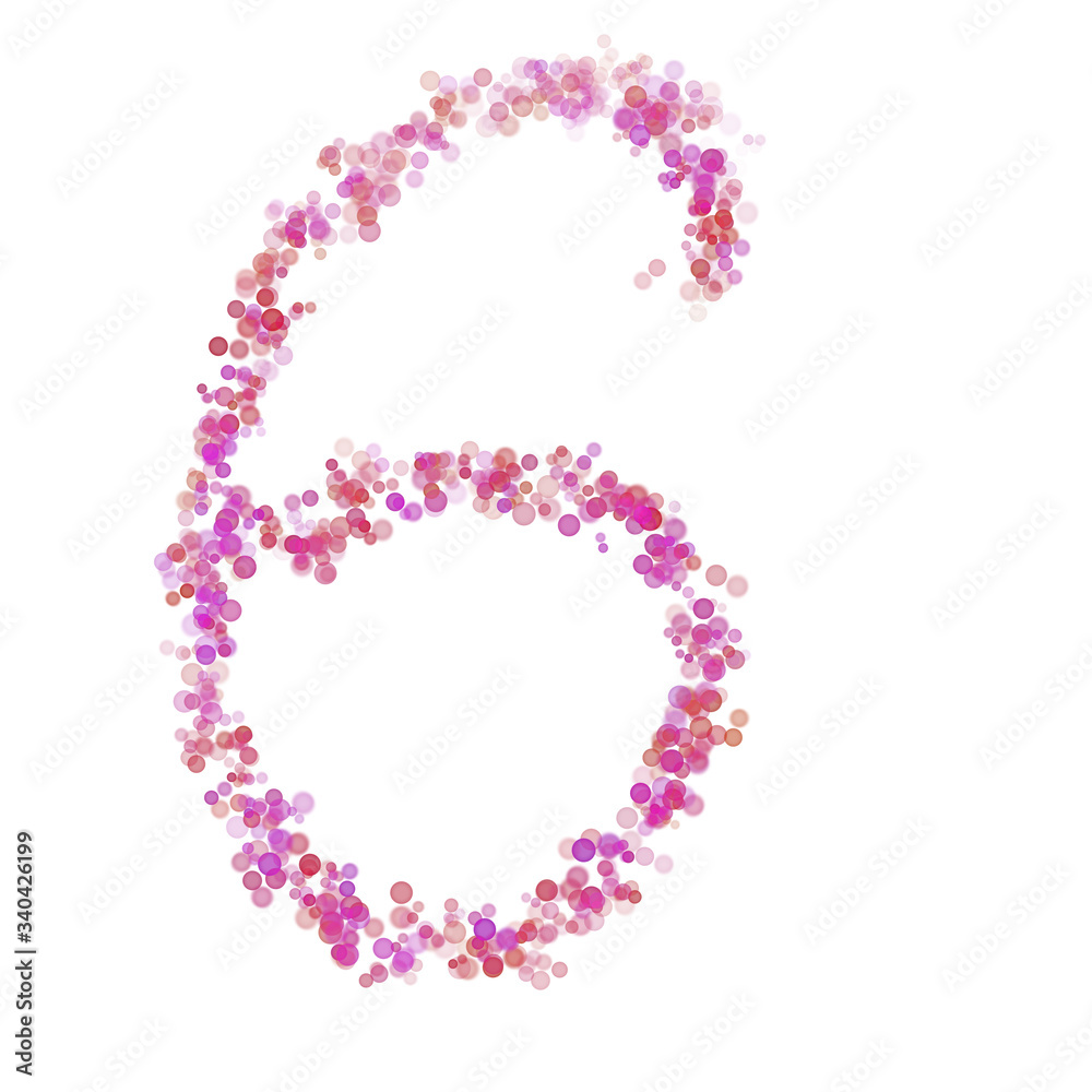 Number 6 alphabet. Pink circles dot hue pink. Lettering bubbles circles stylized letter font isolated on white. Beautiful color type number for design