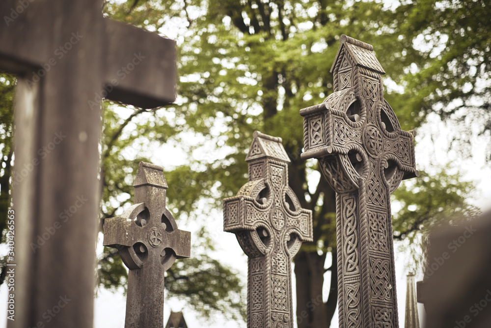 GLASNEVIN CEMETERY, Old graveyard with Celtic cross gravestones , Celtic cross Dublin Ireland