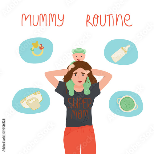 Smiling mama with Super mom t shirt holding her adorable baby in green bear costume on shoulders and a lot of her everyday routine - cleaning, feeding her child, playing with baby, cooking.