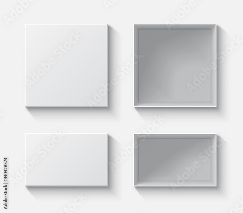 Set open and close gift boxes, white square box top view, container mockup, empty carton package, realistic paper box - stock vector
