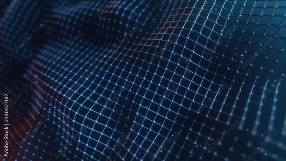 Abstract mesh with wave motion and depth of field. Connected data nodes. Artificial Intelligence. Virtual global network. Seamless loop 3d render Abstract mesh with wave motion and depth of field. Connected data nodes. Artificial Intelligence. Virtual global network. Seamless loop 3d render