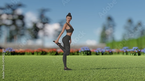 Woman Making Yoga At Outdoor 3D Rendering