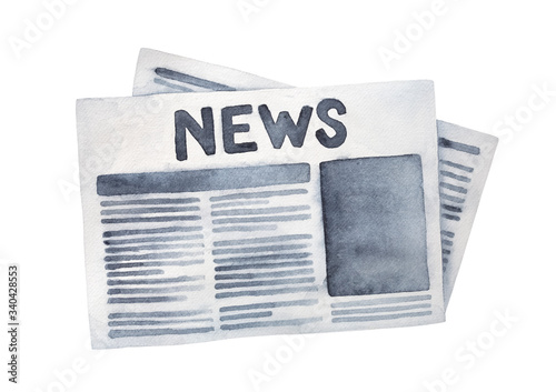 Black and white water color illustration of folded grunge newspaper with big title 