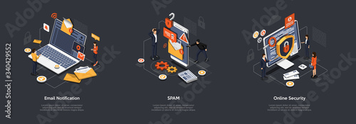Isometric Online Security, Spam, Email Notifications And Data Protection. Developers Are Creating Malware Protection For Customer From Negative Emails And Computer Viruses. Vector Illustrations Set