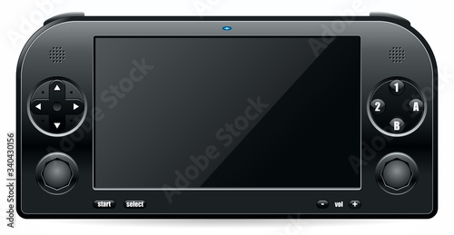 Vector mock-up of a black handheld gaming console with a blank screen, buttons and joysticks. Can represent entertainment, technology, leisure, video games, portability, gadgets and multimedia devices