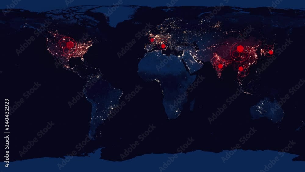 COVID-19 Coronavirus Global pandemic map. The spread of a new dangerous deadly virus throughout planet earth. Map of coronavirus spreading from Wuhan. MERS-Cov animation