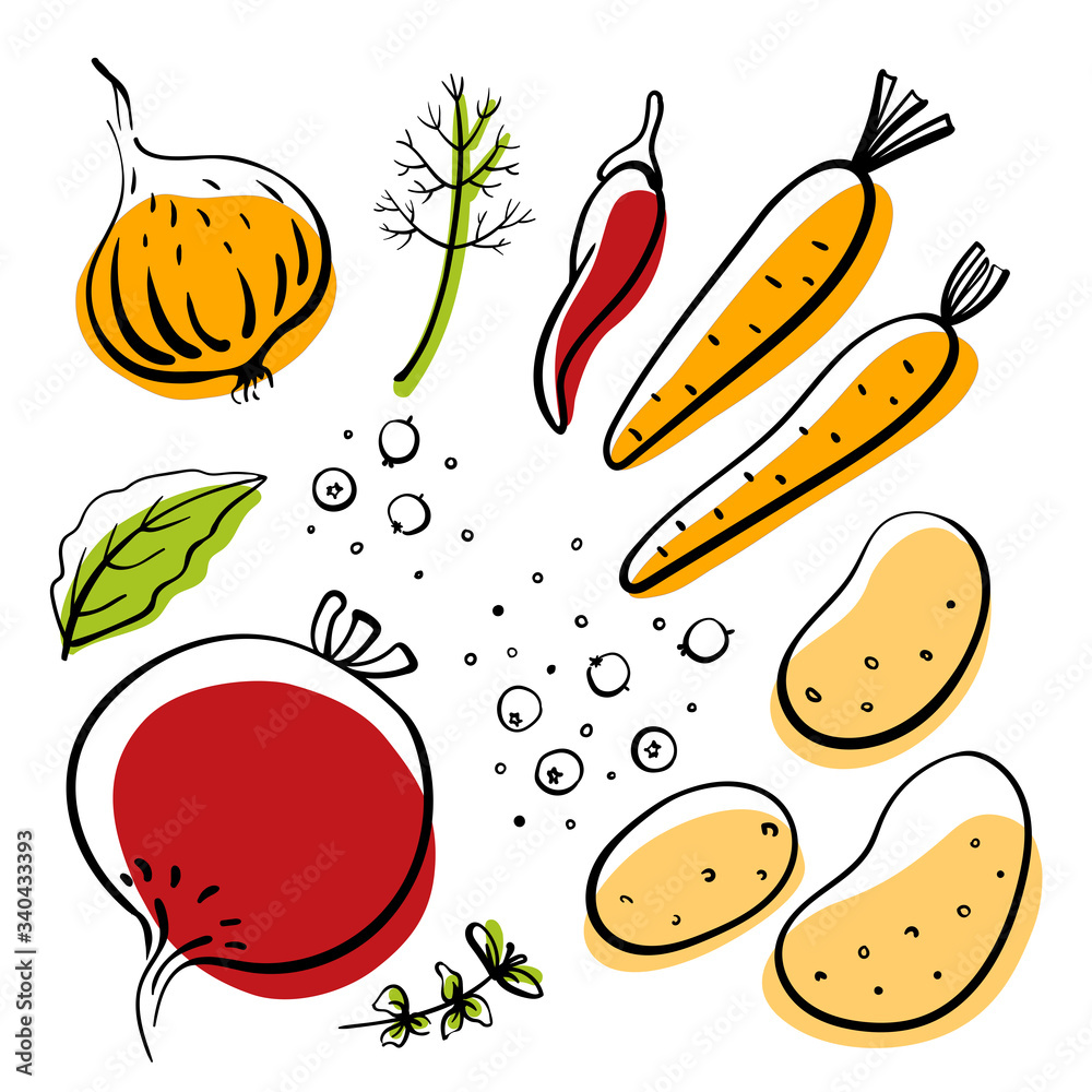 Beetroot, onion, potatoes, carrots, pepper, bay leaf, dill. Colorful sketch collection of vegetables and herbs isolated on white background. Doodle hand drawn vegetable icons. Vector illustration Beetroot, onion, potatoes, carrots, pepper, bay leaf, dill. Colorful sketch collection of vegetables and herbs isolated on white background. Doodle hand drawn vegetable icons. Vector illustration