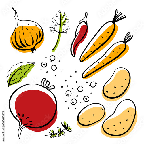 Beetroot, onion, potatoes, carrots, pepper, bay leaf, dill. Colorful sketch collection of vegetables and herbs isolated on white background. Doodle hand drawn vegetable icons. Vector illustration