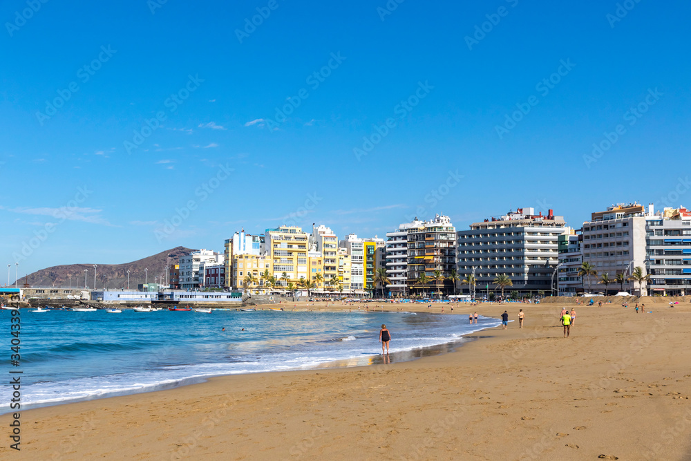 Las Canteras Beach (Playa de Las Canteras) in Las Palmas de Gran Canaria, Canary island, Spain. One of the top Urban Beaches in Europe. 3 km stretch of golden sand is the heart and soul of Las Palmas