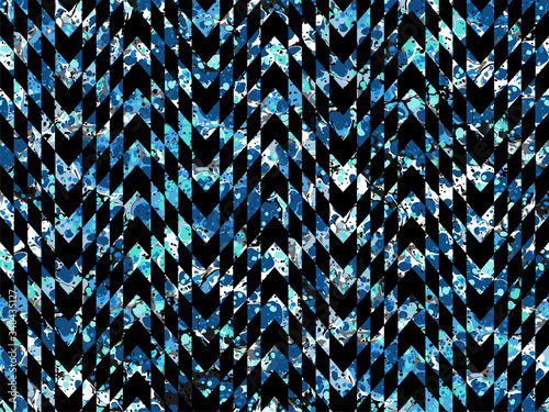 Seamless ethnic pattern with classic blue marbling on black ikat geometric background