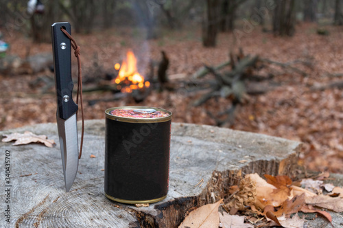 Tin can and knife on a bonfire background. Food in a tin can and a knife. Open canned food with a knife.