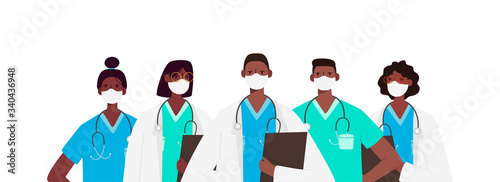 Coronavirus 2019-nCoV. Set of doctors characters in white medical face mask. Stop Coronavirus concept. Medical team doctor nurse therapist surgeon professional hospital workers, group of medics.