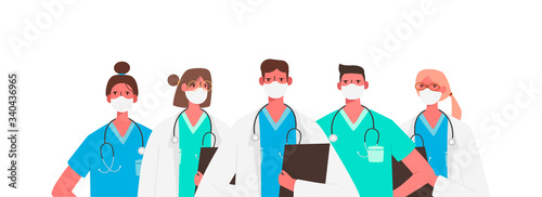 Coronavirus 2019-nCoV. Set of doctors characters in white medical face mask. Stop Coronavirus concept. Medical team doctor nurse therapist surgeon professional hospital workers, group of medics.