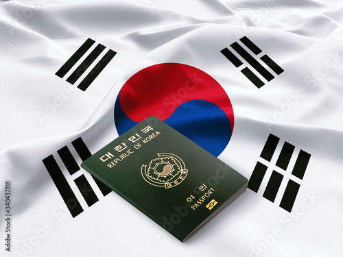 South Korean passport,Republic of Korea passport on the top of an satin korean flag
