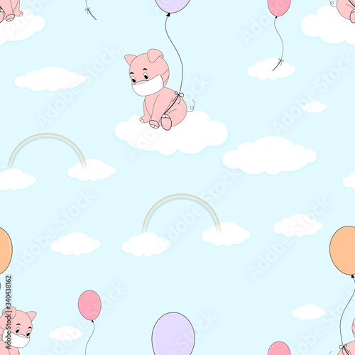 Seamless pattern cute cartoon little piggy wearing medical face mask hanging with balloon,vector illustration of pink piglet sitting on white cloud on blue sky with rainbow,Social distancing cancept