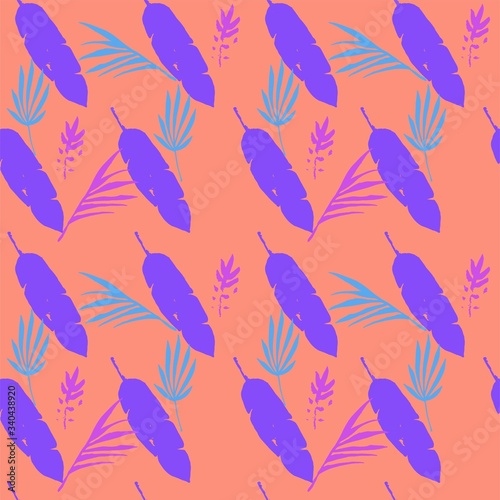 Trendy Tropical Vector Seamless Pattern. Doodle Floral Background. Banana Leaves Dandelion Monstera Feather 