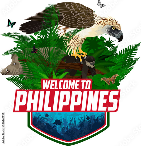 Vector Philippines jungle rainforest emblem with coral reef, giant atlas moth, bearded pig and philippine eagle with monkey
