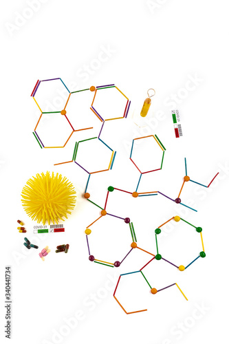 China epidemic coronavirus concept. Molecular formula model and inscription coronavirus. photo