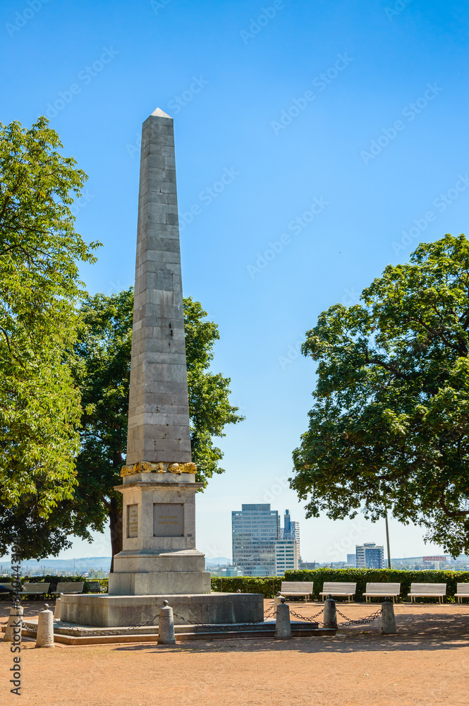 Obelisk v Denisovych sadech, a city park with a city viewpoint.