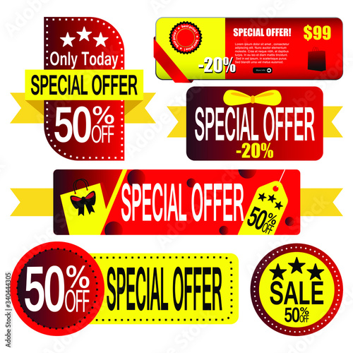 Set of banner elements, discount tag collection, special offer. Modern yellow and red sale website stick
