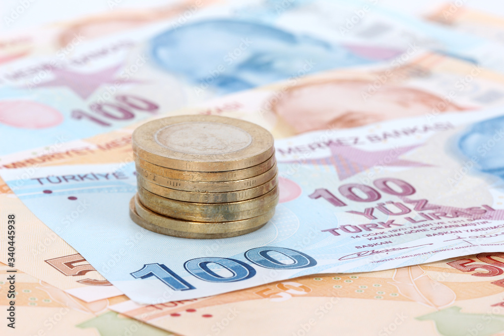 Turkish lira banknotes and coins