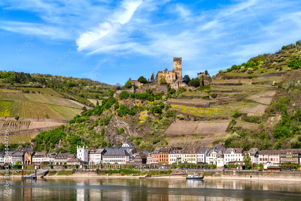 Gutenfels Fortress (German: Burg Gutenfels) in a spring-like landscape 110 m above the town of Kaub in Rhineland-Palatinate, Germany