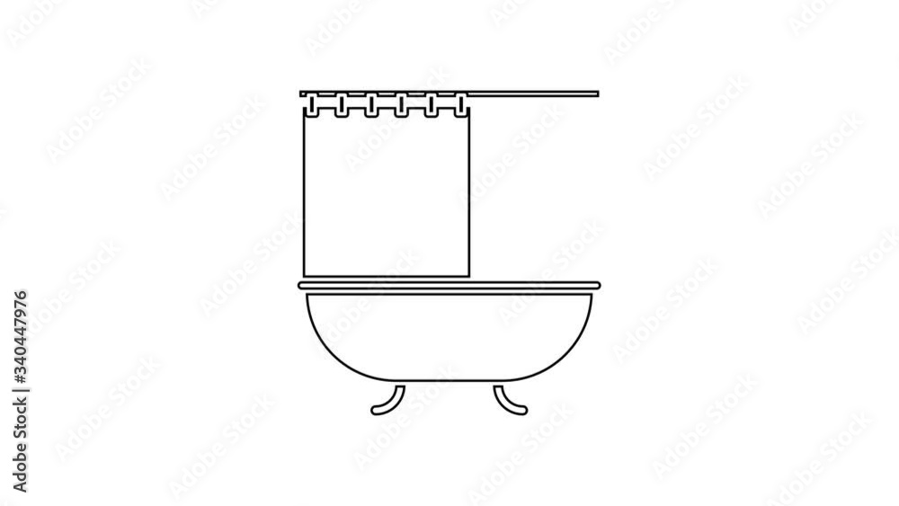 Black line Bathtub with open shower curtain icon isolated on white background. 4K Video motion graphic animation Black line Bathtub with open shower curtain icon isolated on white background. 4K Video motion graphic animation