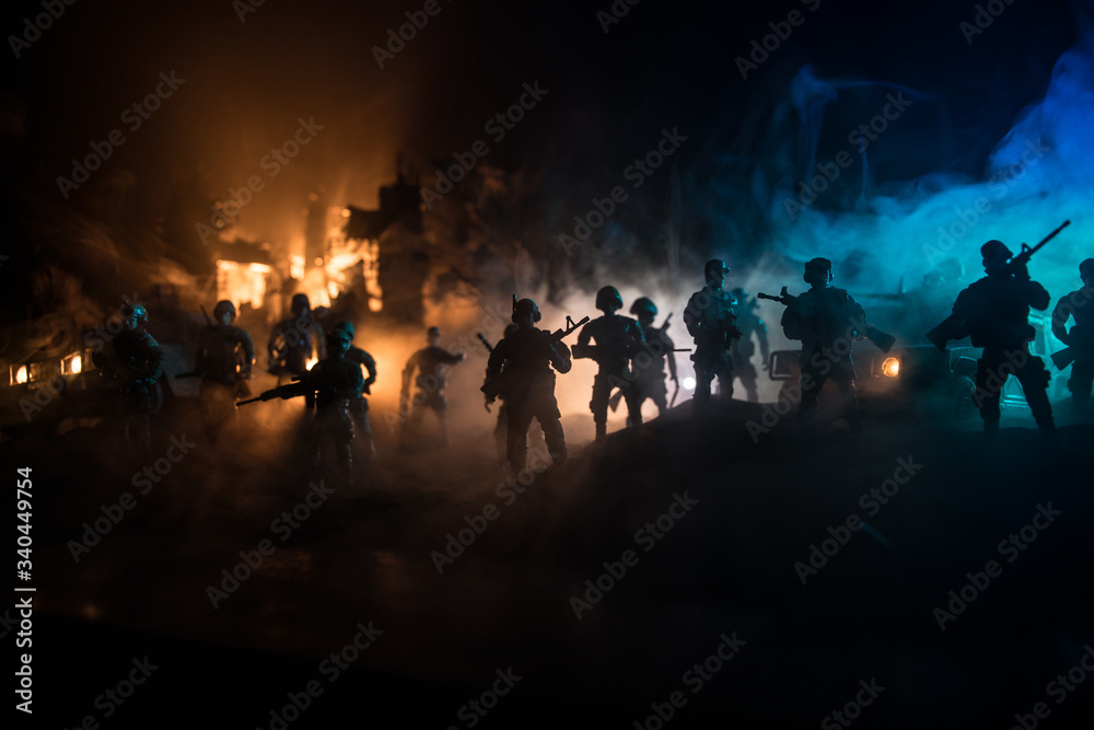 War Concept. Battle scene on war fog sky background, Fighting silhouettes Below Cloudy Skyline at night. War Concept. Battle scene on war fog sky background, Fighting silhouettes Below Cloudy Skyline at night.