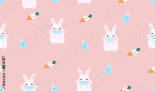 Easter paper background. Rabbit wearing a protective mask and egg easter alcohol gel, carrot syringe.