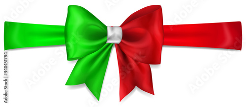Big bow made of ribbon in Italy flag colors with shadow on white background