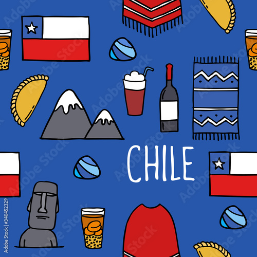 Chile icons. Chilean theme seamless doodle pattern