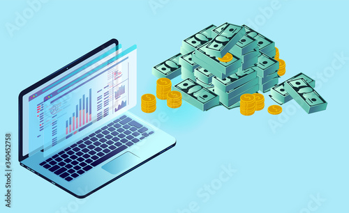 Computer and money - Pile of cash and Laptop with screen showing graphs and code. Earn money on computer concept. Vector illustration.