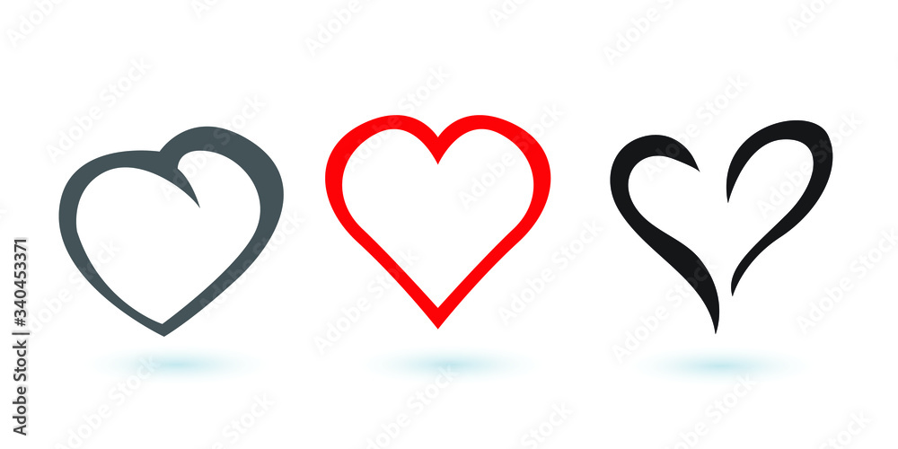 Collection of heart illustrations, Many shapes,Shadowed,on a white background