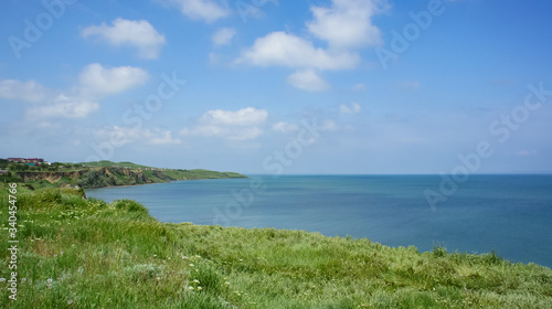 Seascape with a rocky coastline in green grass