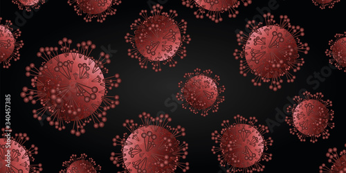 Coronavirus banner, dark red background, covid-19, novel coronavirus, 2019-nCoV, bacteria, edipemic, pandemic risk background vector illustration