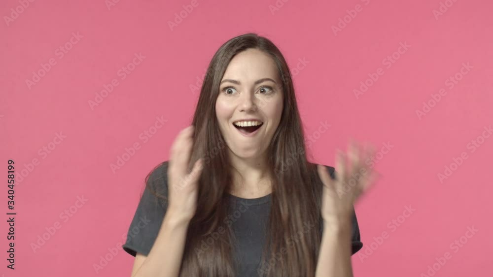 Happy, excited gorgeous girl cant believe she won prize, gasping ...