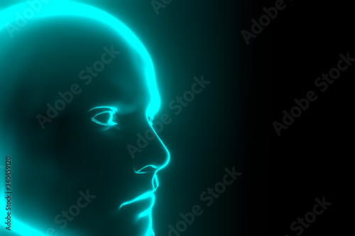 3D rendering illustration .Hacker artificial intelligence face hitech in cyberspace concept. Cyborg head man binary code matrix rain random symbols. Cyberpunk programming code technology background
