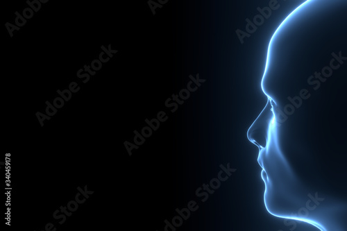 3D rendering illustration .Hacker artificial intelligence  face hitech in cyberspace concept. Cyborg head man binary code matrix rain random symbols. Cyberpunk programming code technology background