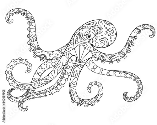 Octopus - antistress coloring book - linear vector illustration for coloring. Outline. Hand picture. Octopus, ocean dweller - picture with a marine ornament for a coloring book
