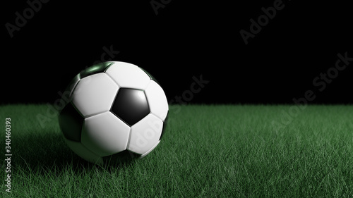 Classic soccer ball on the green field with a black background.3d rendering. © Narin Sapaisarn