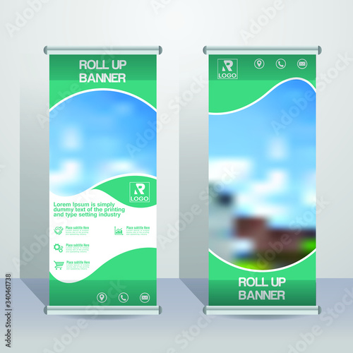 Roll up brochure flyer banner design vertical template in greenish blue colour, cover presentation abstract background, modern x-banner and flag-banner, rectangle size.