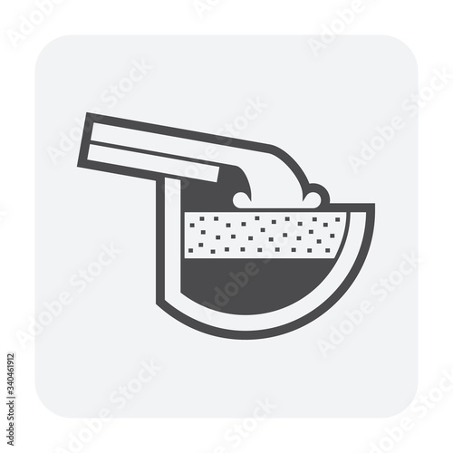 Rain gutter and rainwater pouring icon with halfline shape. Include foam gutter guard or gutterstuff or foam filter insert made from sponge for protection from damage, clogged and reduce cleaning.